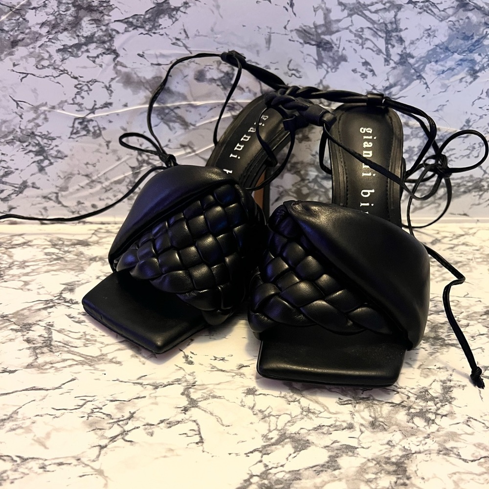Gianni Bini Dekota twisted puff band braided ankle wrap sandals.
